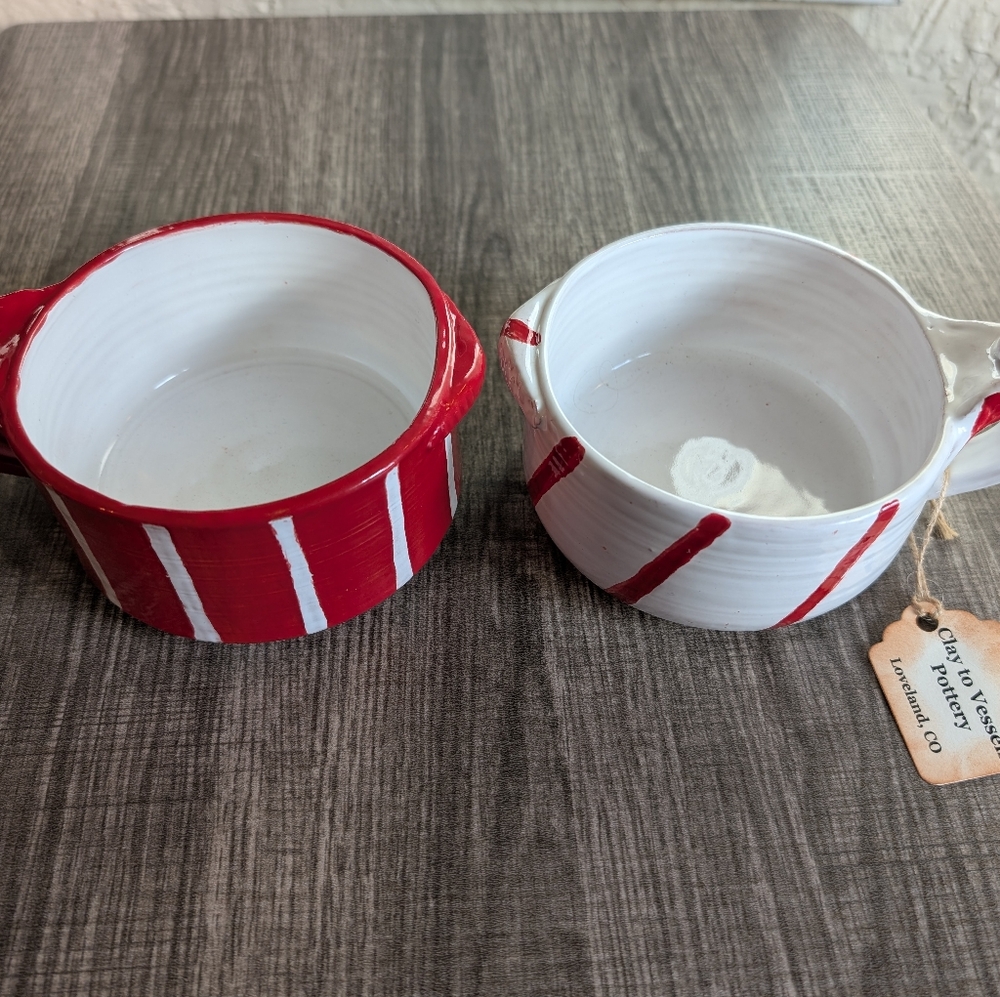 Set Of 2 Hand Thrown Clay Mugs In Candy Cane Colors